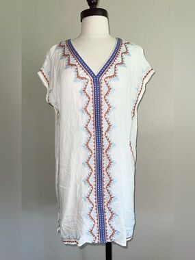 THML White Tunic with Light Blue and Rust Embroidery S